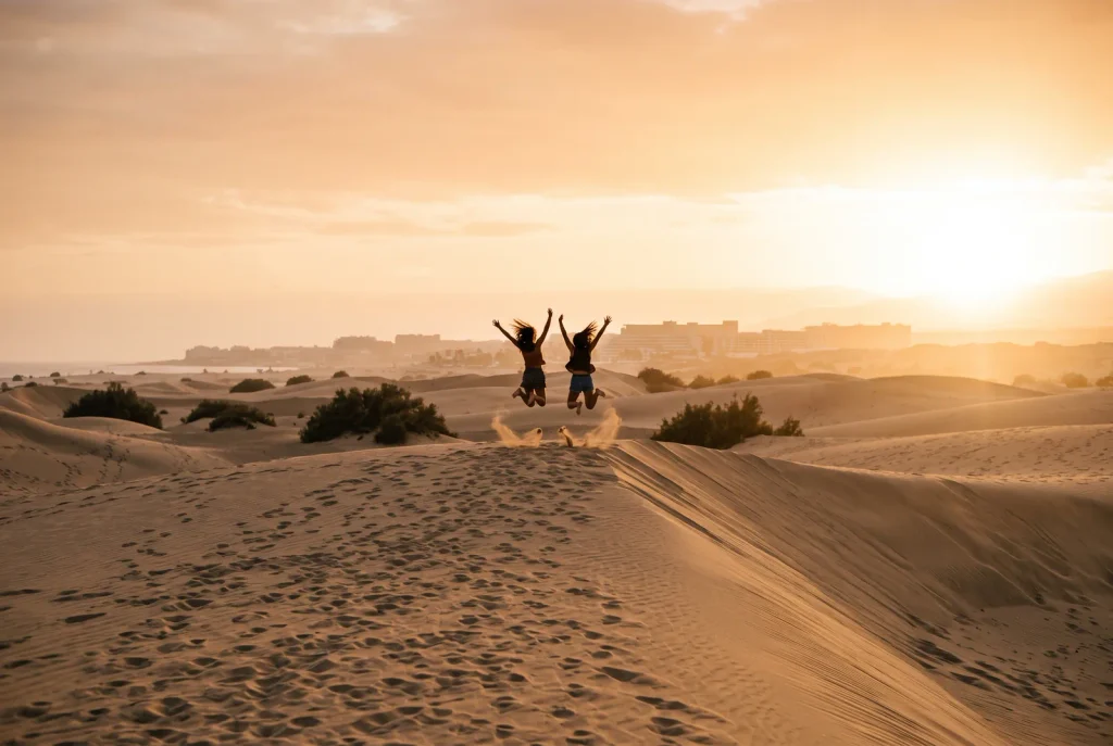 Dos personas saltando sobre las Dunas de Maspalomas al atardecer, Gran Canaria